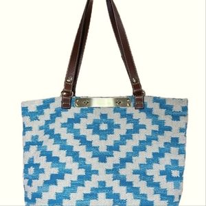 Patricia Nash Hand-Loom Cotton Weave Chennai Large Tote Aqua and Off White